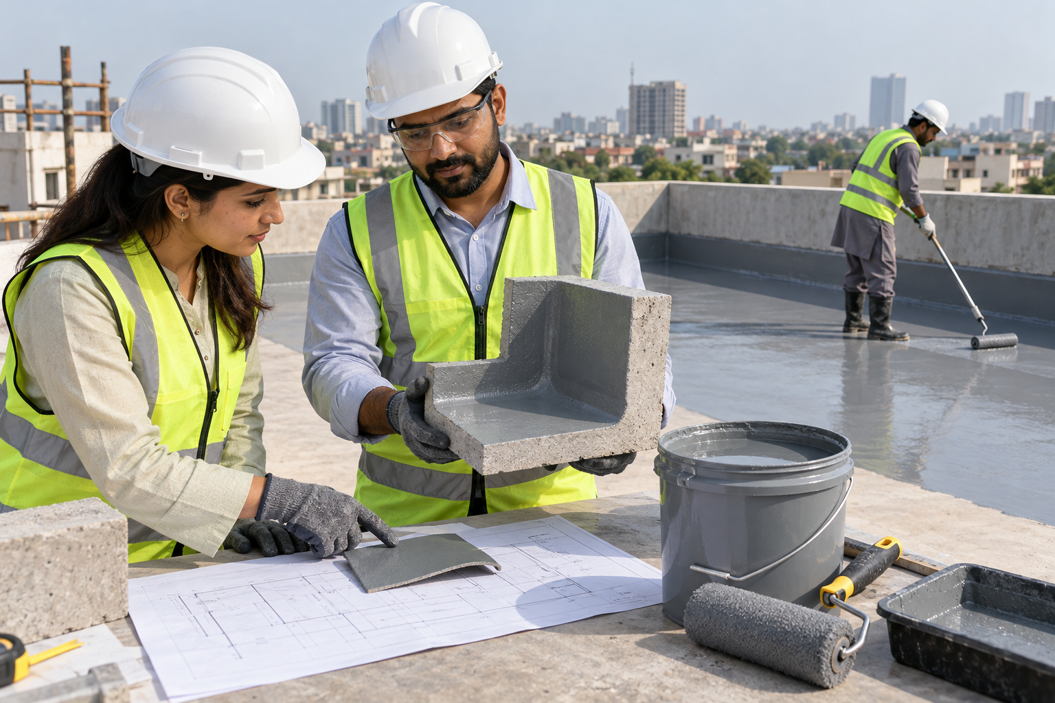 Architects inspect seamless gray PU coating-4