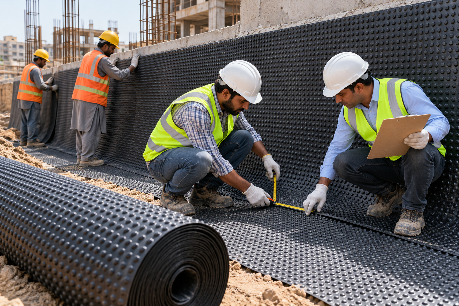 Engineers inspect black dimple membrane installation-6