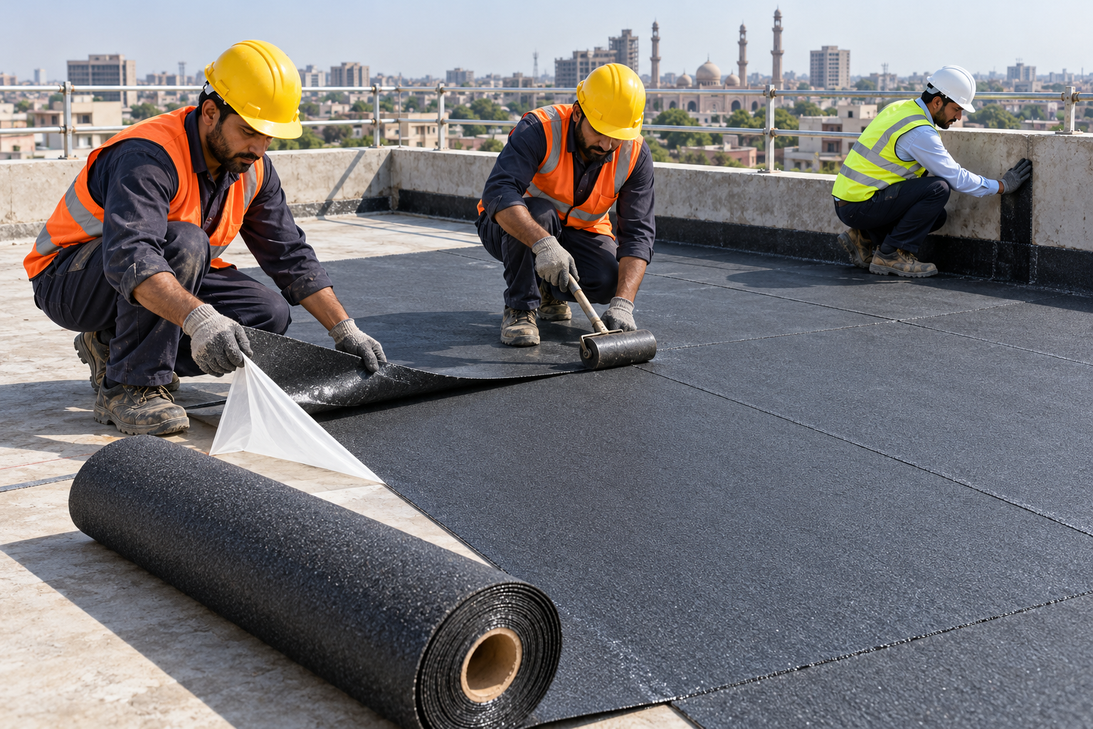 Roof specialists installing charcoal membrane-4
