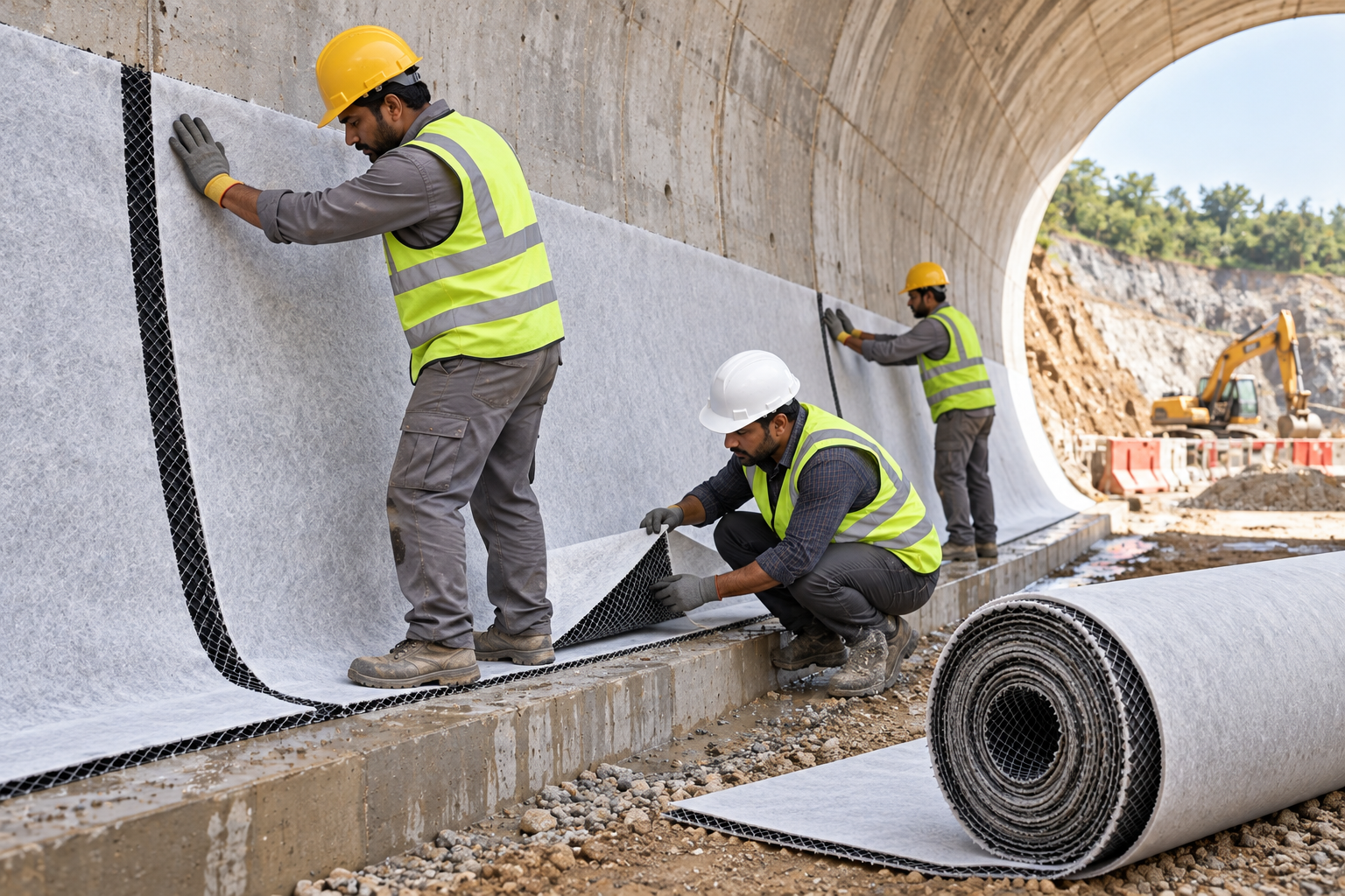 Tunnel workers installing geocomposite drainage-2