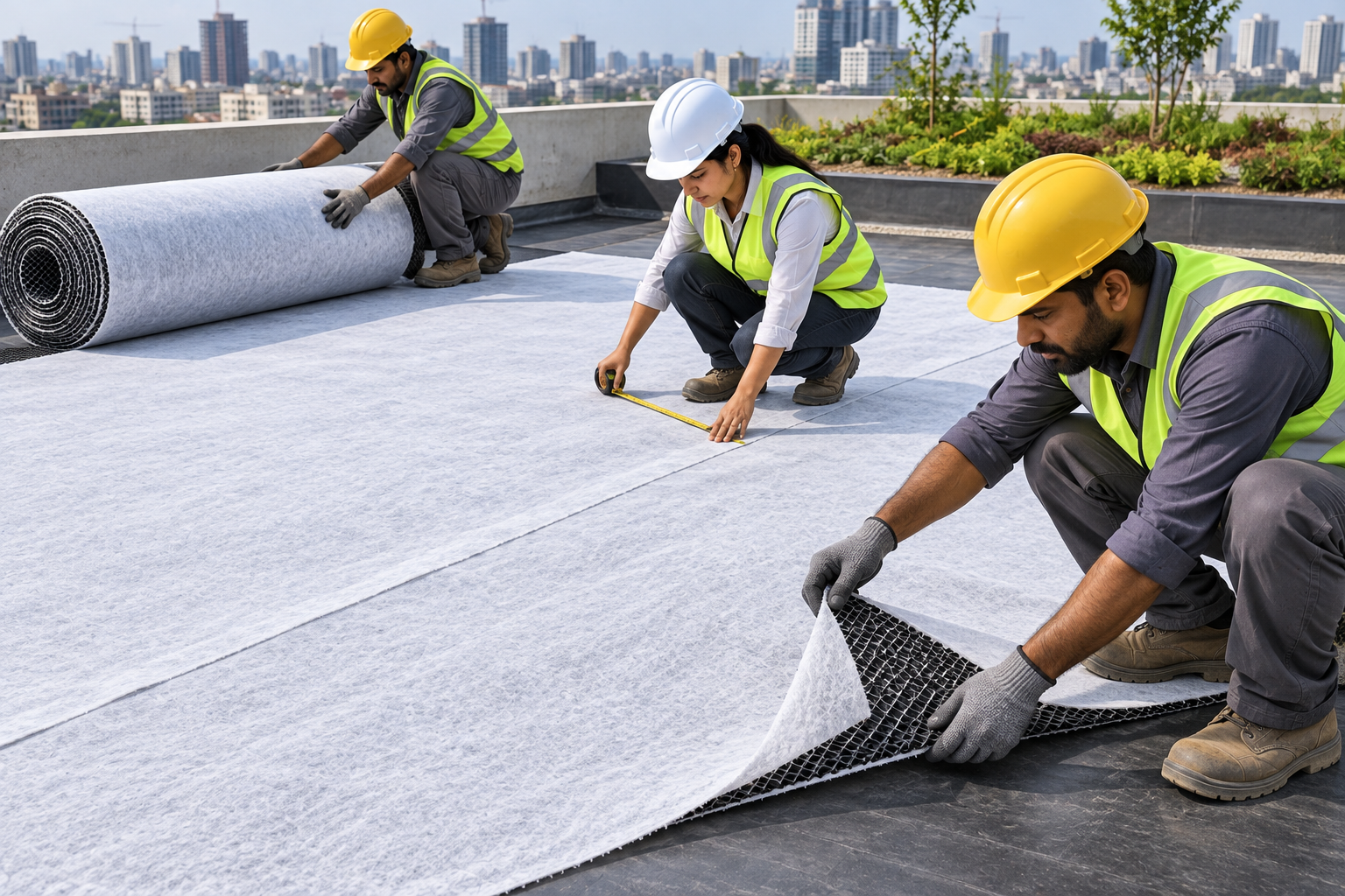Workers Install Green-Roof Geocomposite-1
